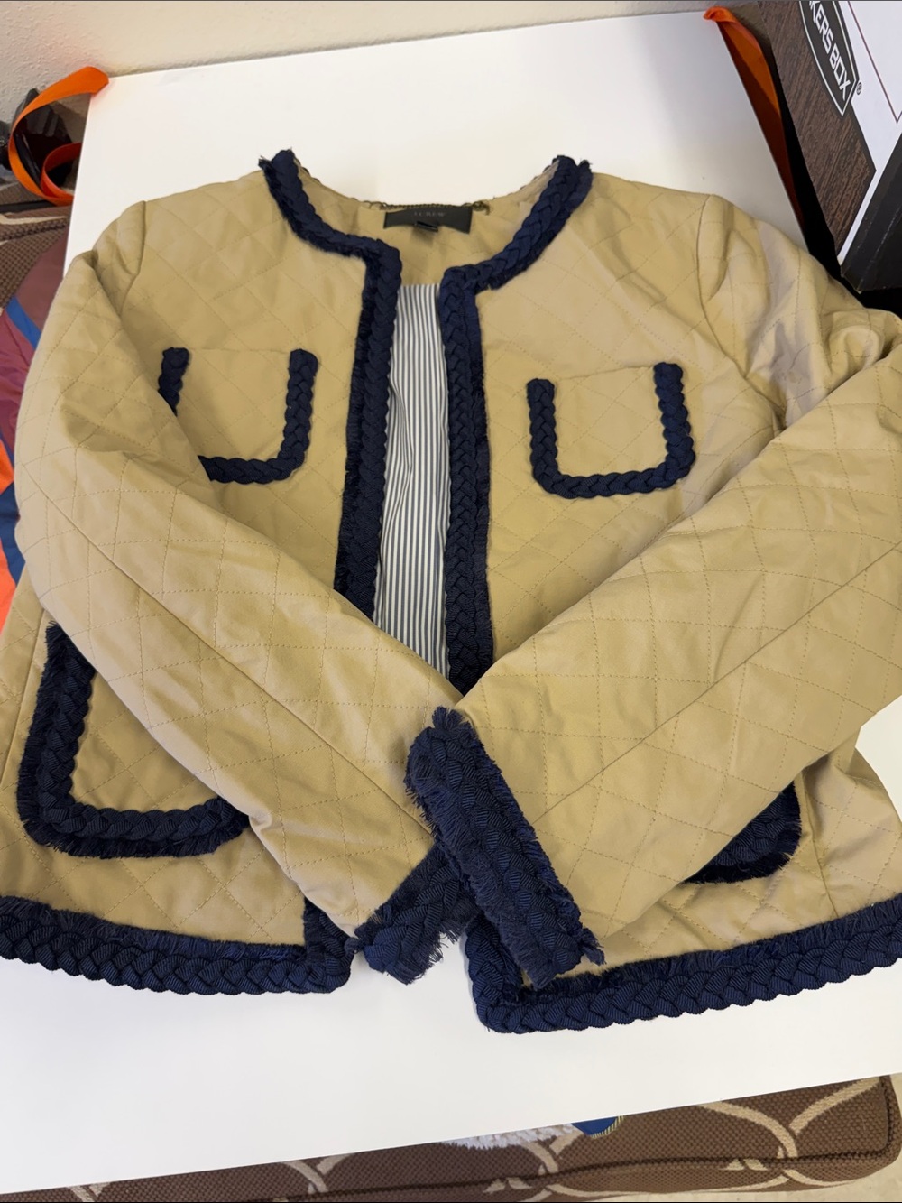 J. Crew Beige Quilted Blazer with Navy Braid Trim